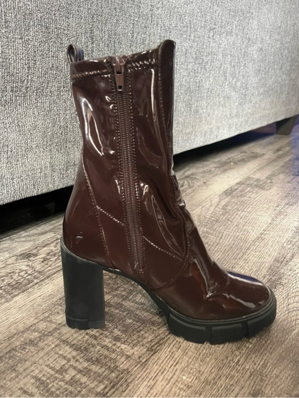 Aldo Glossy Deep Brown Patent Leather Lug Heel Ankle Boots